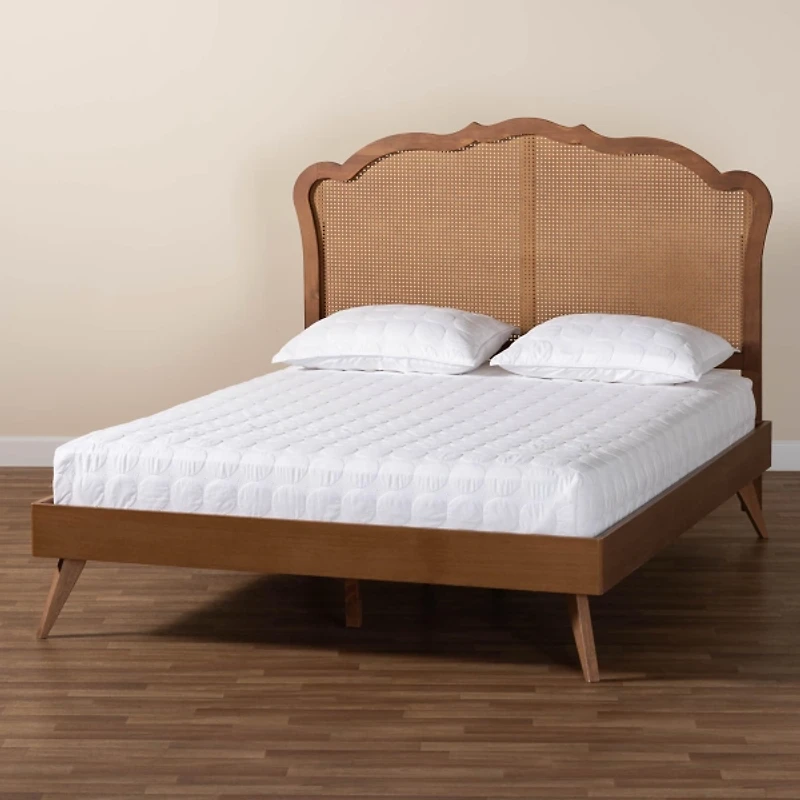 Walnut & Rattan Mallory Queen Platform Bed