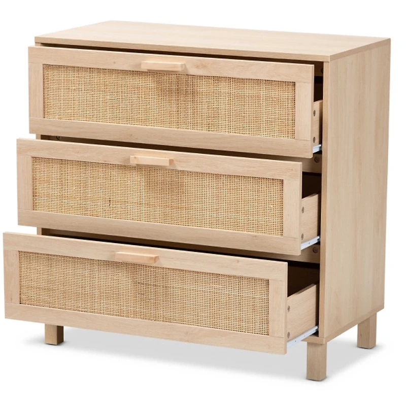 Natural Wood and Rattan 3-Drawer Storage Cabinet