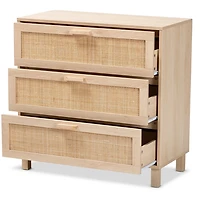 Natural Wood and Rattan 3-Drawer Storage Cabinet