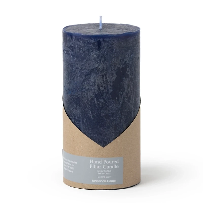 Blue Hand Poured Unscented Pillar Candle, 6 in.