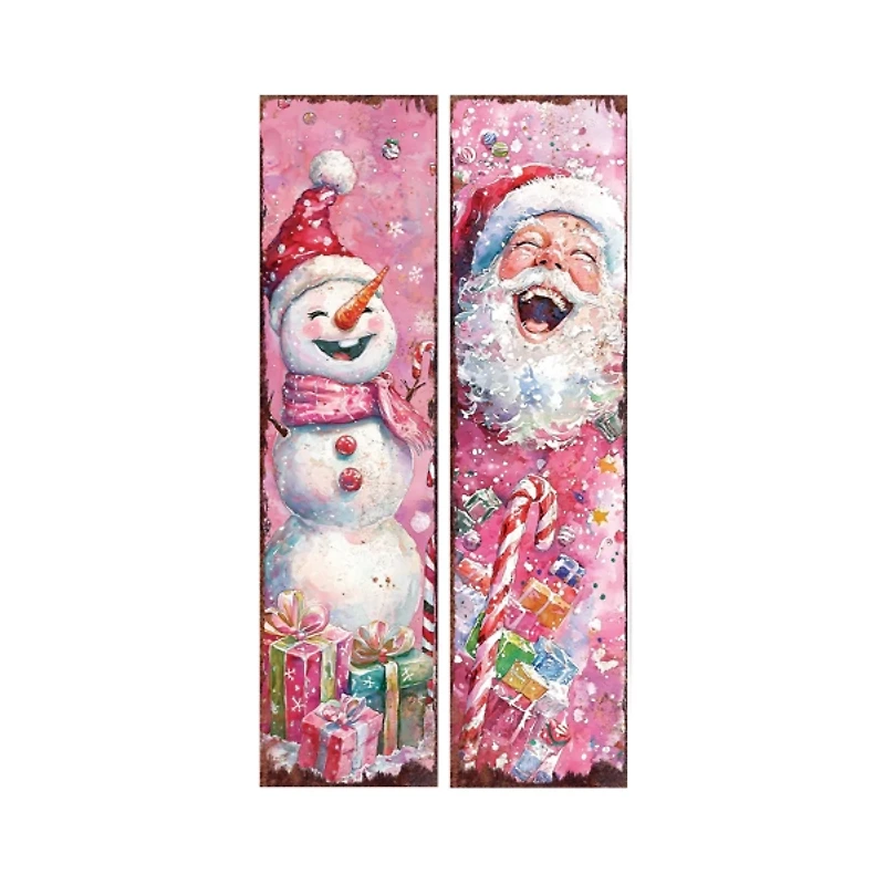 Pink Santa and Snowman Reversible Porch Board