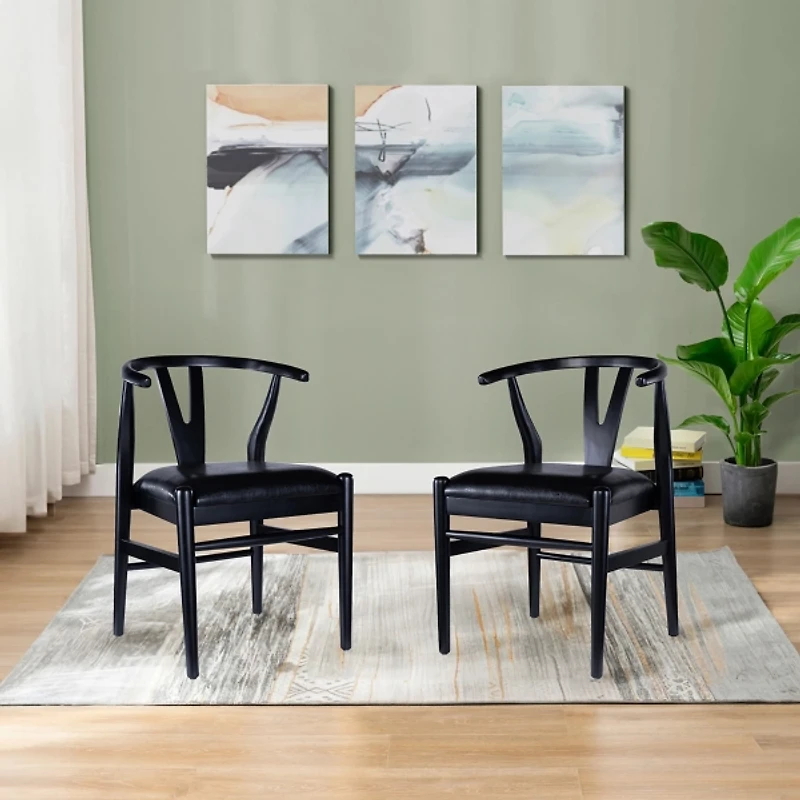 Black Leather Wishbone Dining Chairs, Set of 2