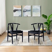 Black Leather Wishbone Dining Chairs, Set of 2