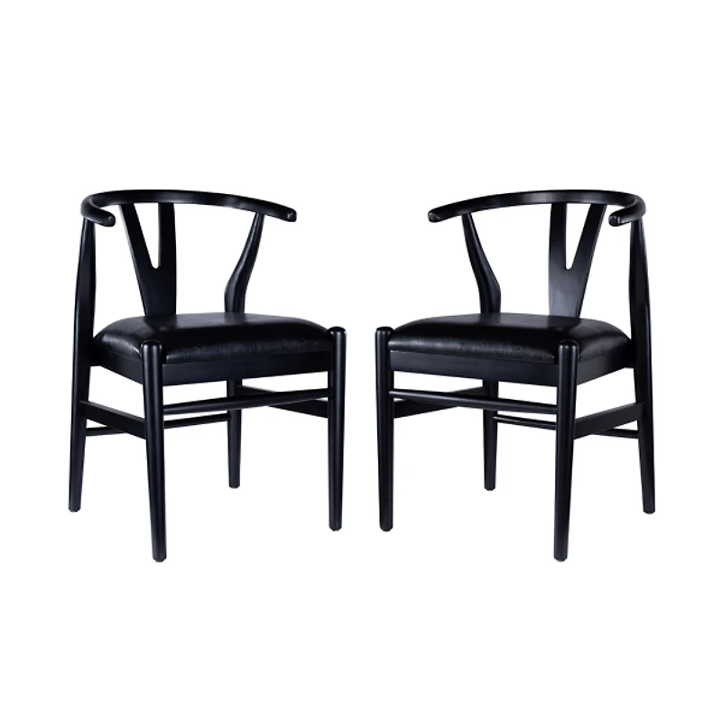 Black Leather Wishbone Dining Chairs, Set of 2