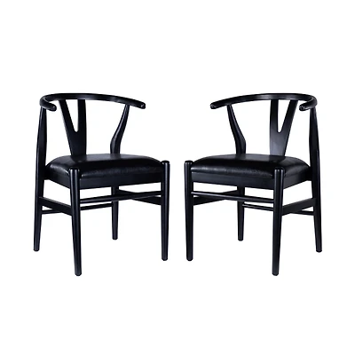 Black Leather Wishbone Dining Chairs, Set of 2