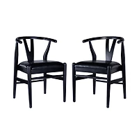 Black Leather Wishbone Dining Chairs, Set of 2