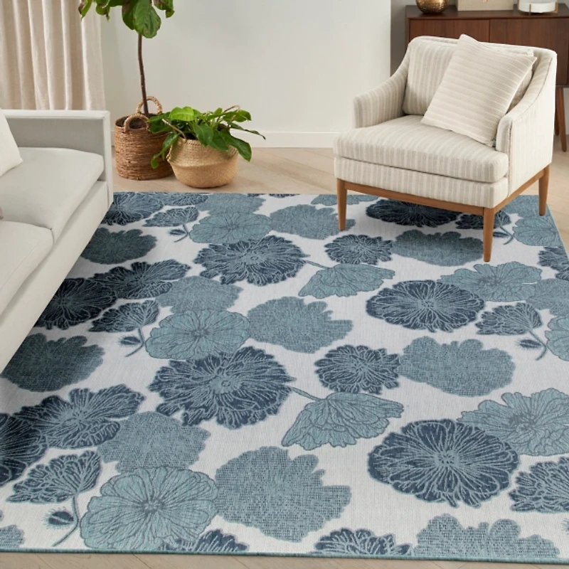 Blue Floral Garden Oasis Outdoor Rug