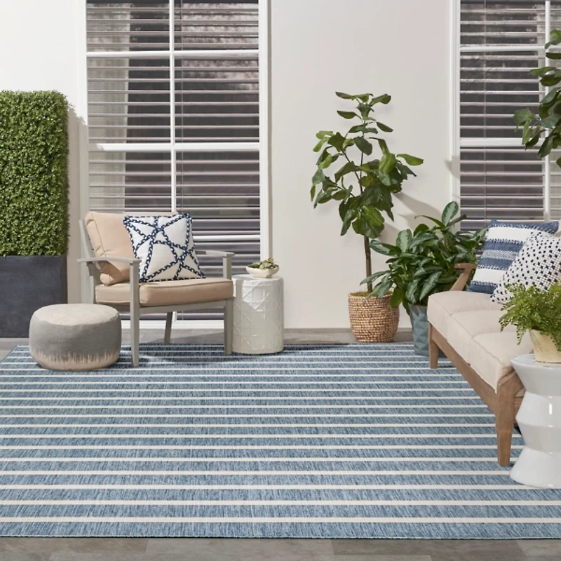 Navy & Ivory Striped Positano Outdoor Rug, 9x12