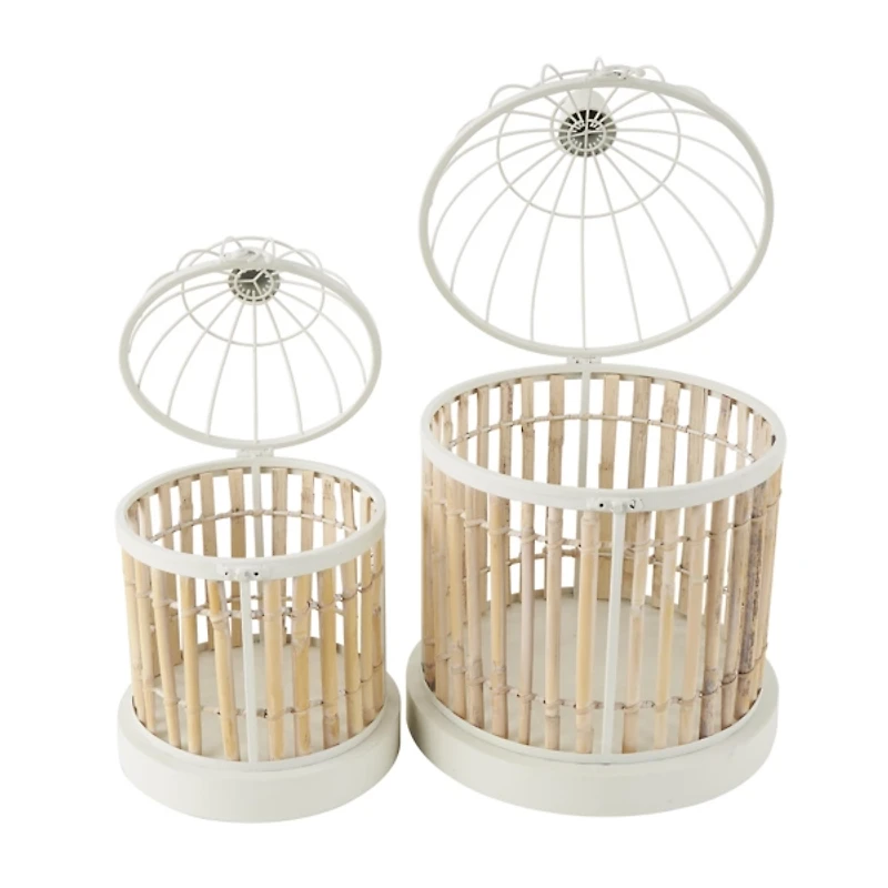 Brown and White Bamboo Bird Cages, Set of 2