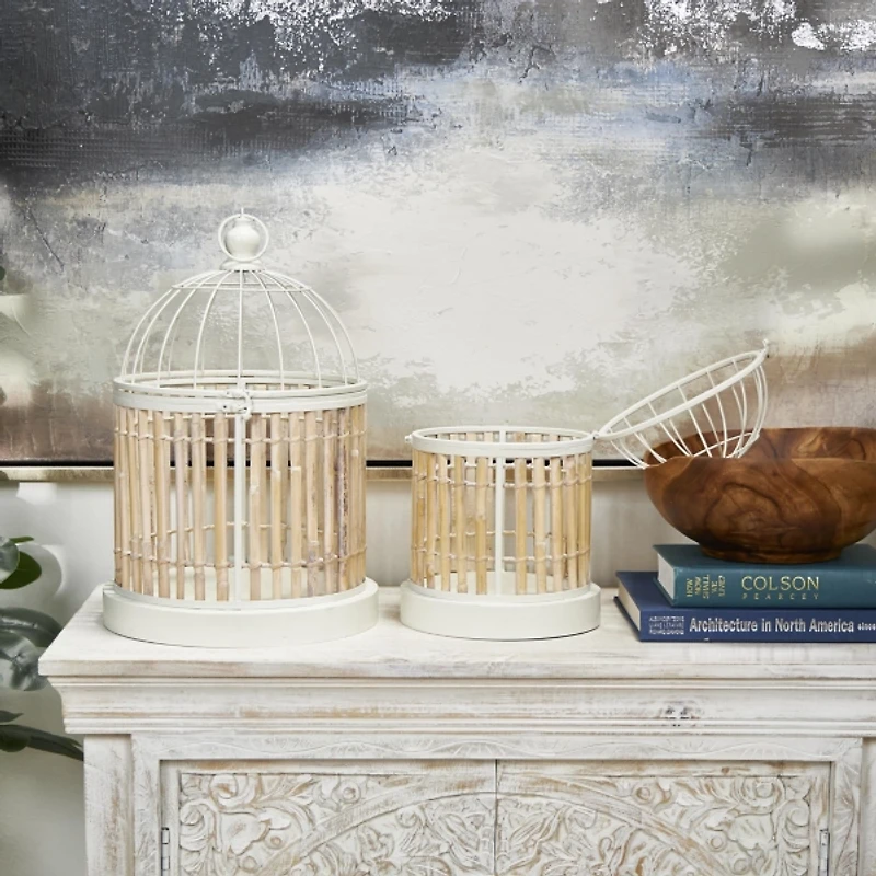Brown and White Bamboo Bird Cages, Set of 2