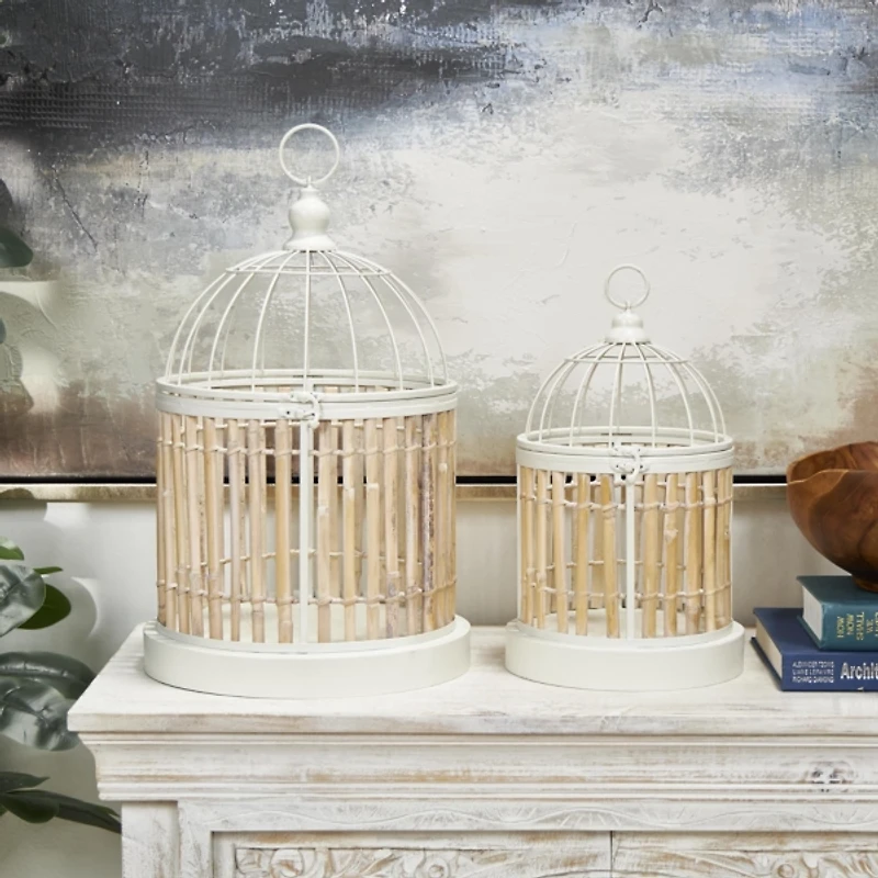 Brown and White Bamboo Bird Cages, Set of 2
