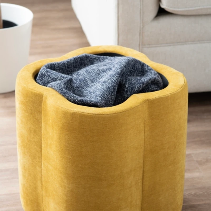 Spice Yellow Chenille Flower Storage Ottoman