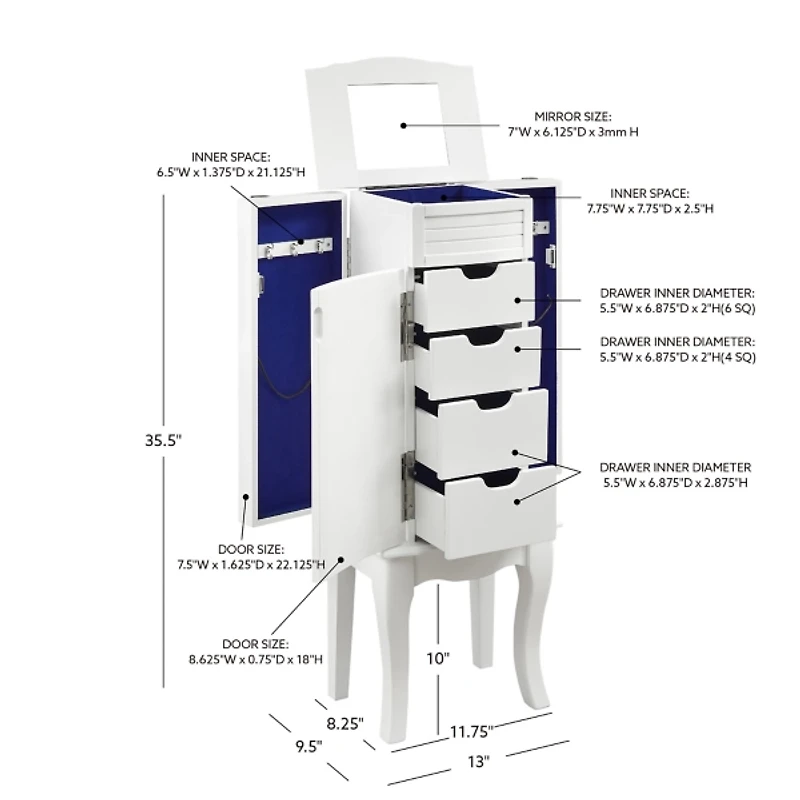 White Wood 4-Drawer Elena Jewelry Armoire