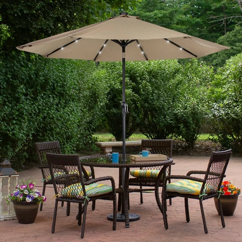Taupe Hand Crank Solar Lighted Outdoor Umbrella