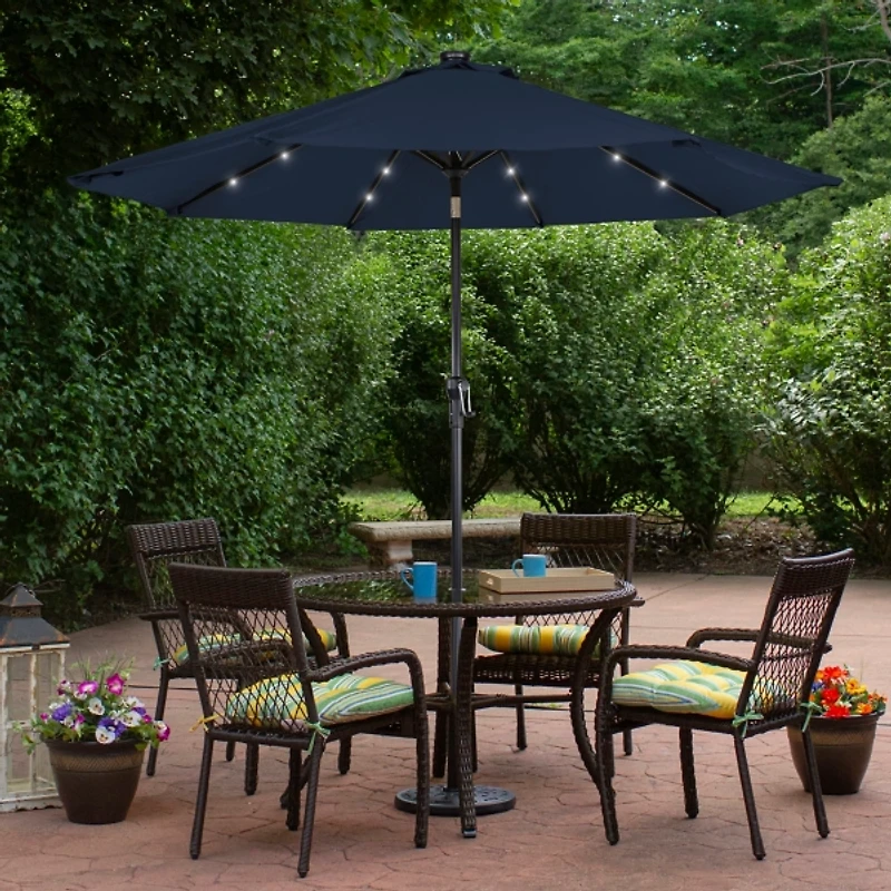 Navy Hand Crank Solar Lighted Outdoor Umbrella