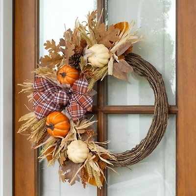 Wheat and Pumpkin Wreath with Velvet Bow