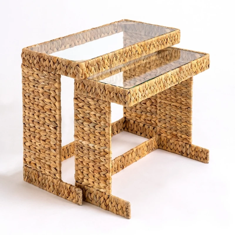 Natural Hyacinth Glass Nesting Tables, Set of 2