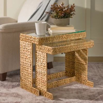 Natural Hyacinth Glass Nesting Tables, Set of 2