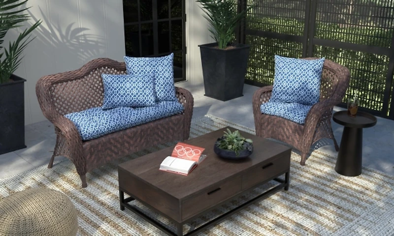 Blue Trellis Tufted Outdoor Seat Cushion