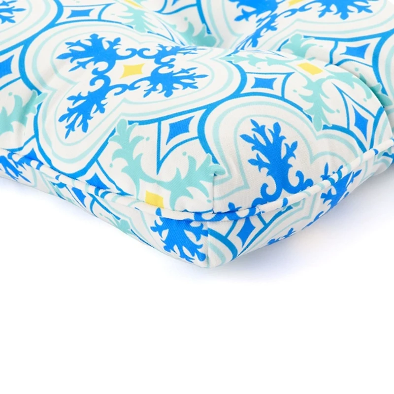 Blue Ornate Tufted Outdoor Chair Cushion