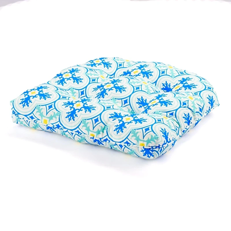 Blue Ornate Tufted Outdoor Chair Cushion