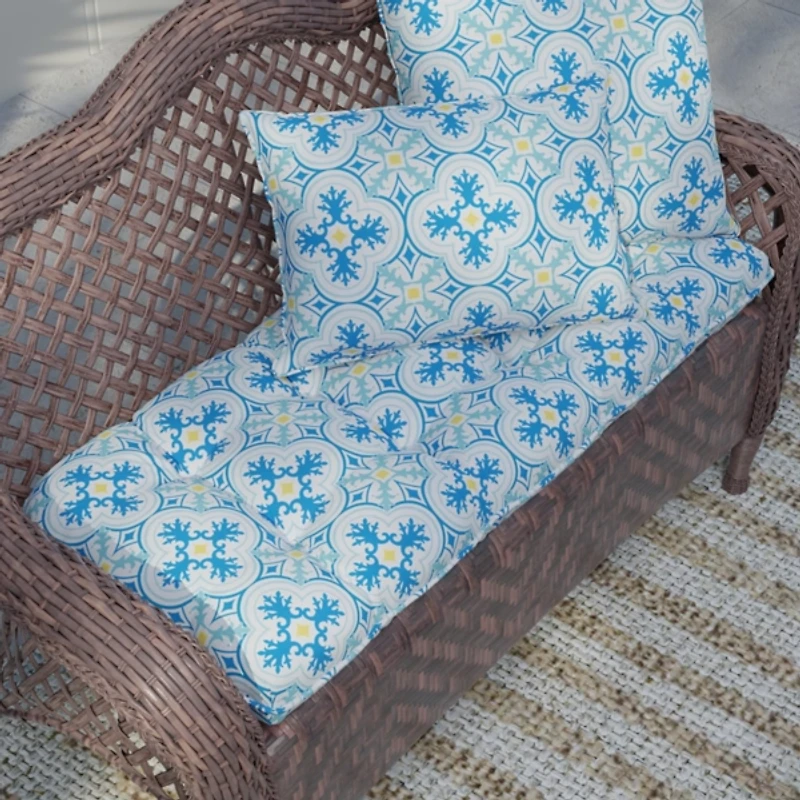 Blue Ornate Tufted Outdoor Loveseat Cushion