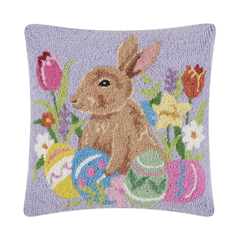 Lavender Bunny with Eggs in Meadow Hooked Pillow