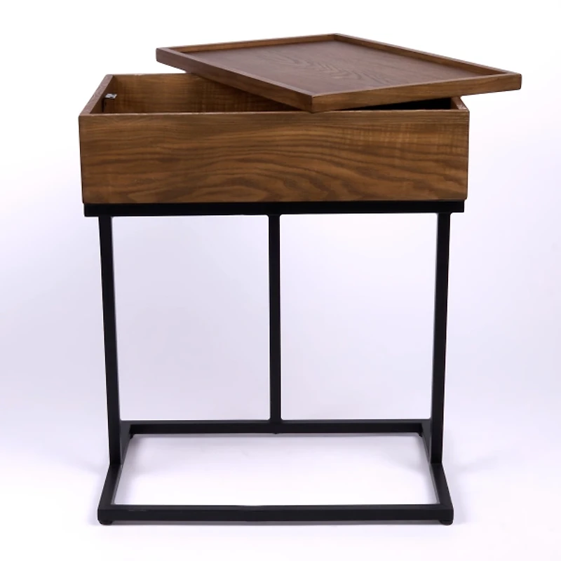 Brown Wood & Black Metal Turning Storage C-Table