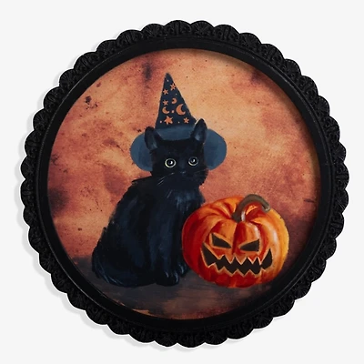 Round Cat with Witch Hat Framed Art Print