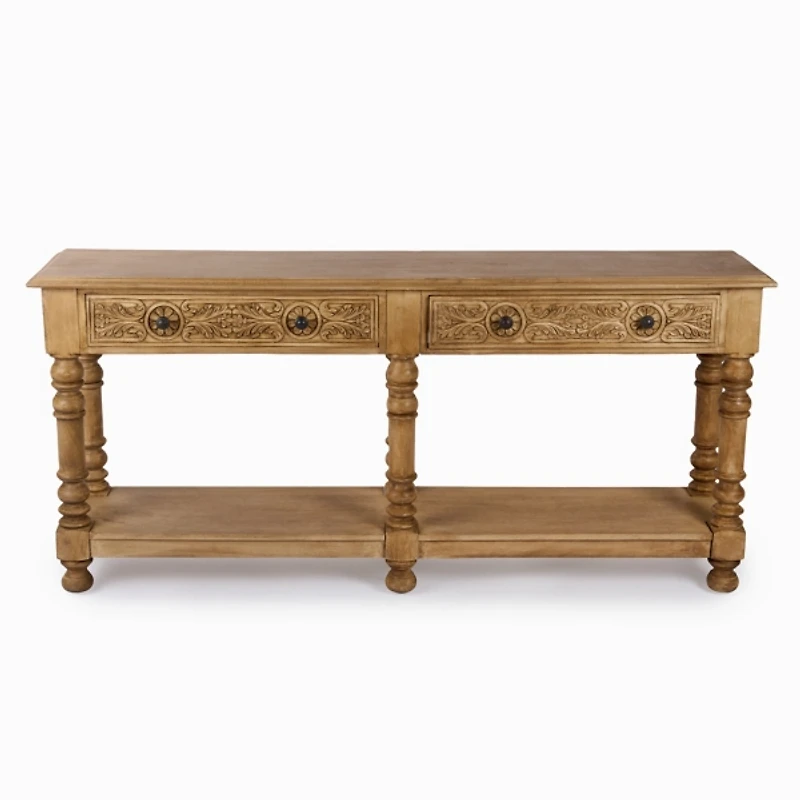 Ornate Carved Wood 2-Drawer Console Table