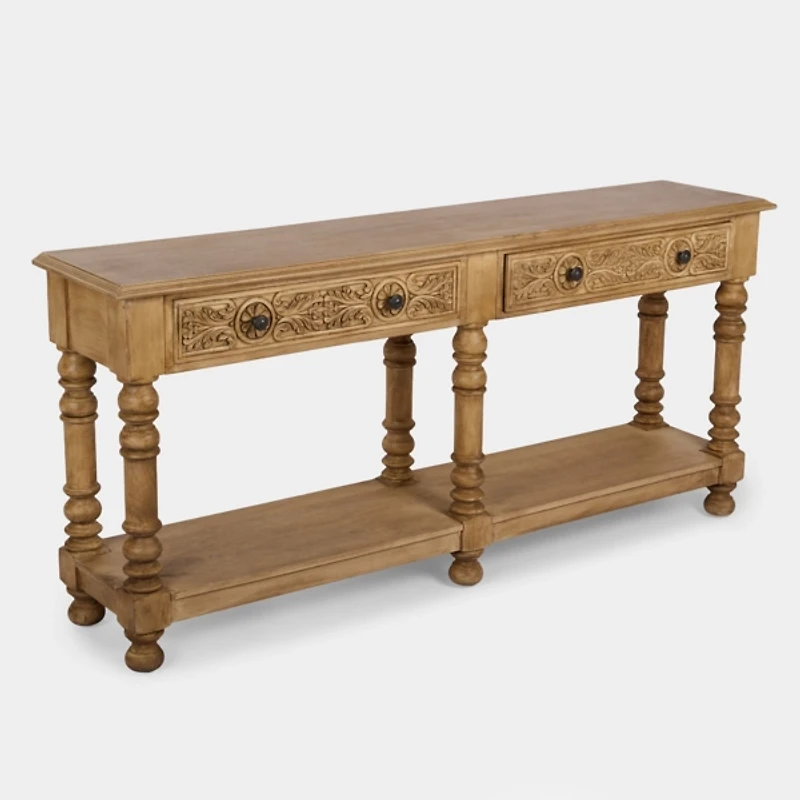 Ornate Carved Wood 2-Drawer Console Table
