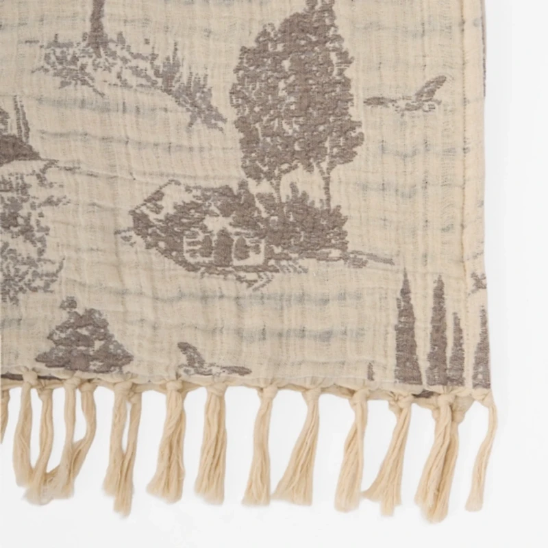 Gray and Ivory Toile Gauze Throw