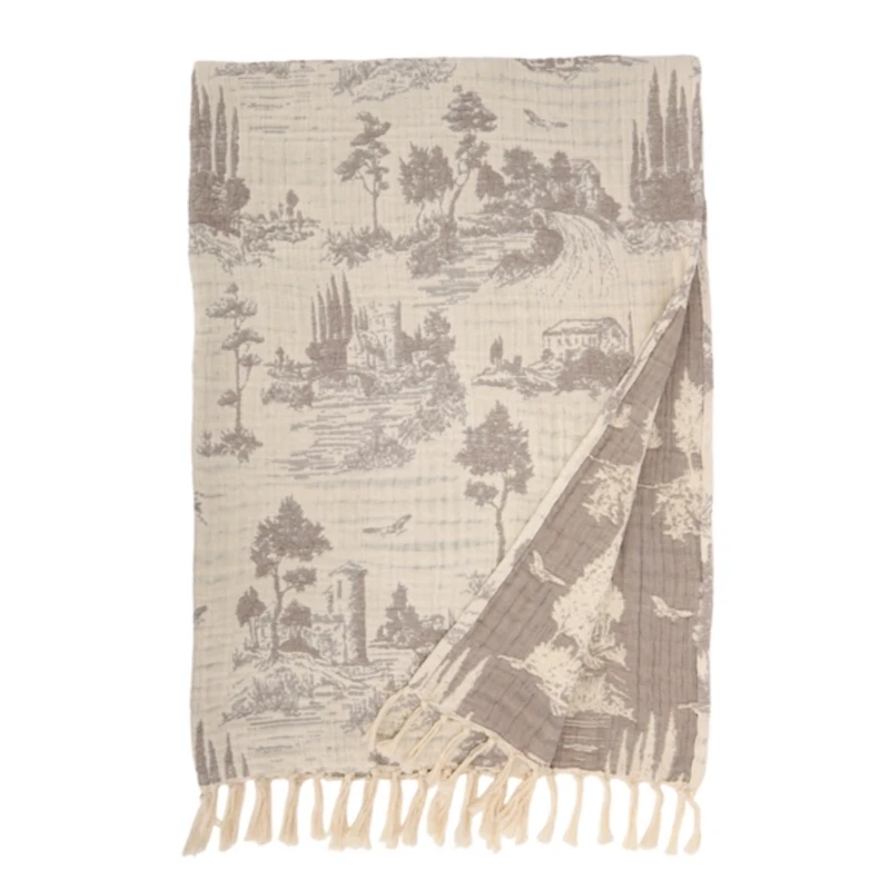 Gray and Ivory Toile Gauze Throw