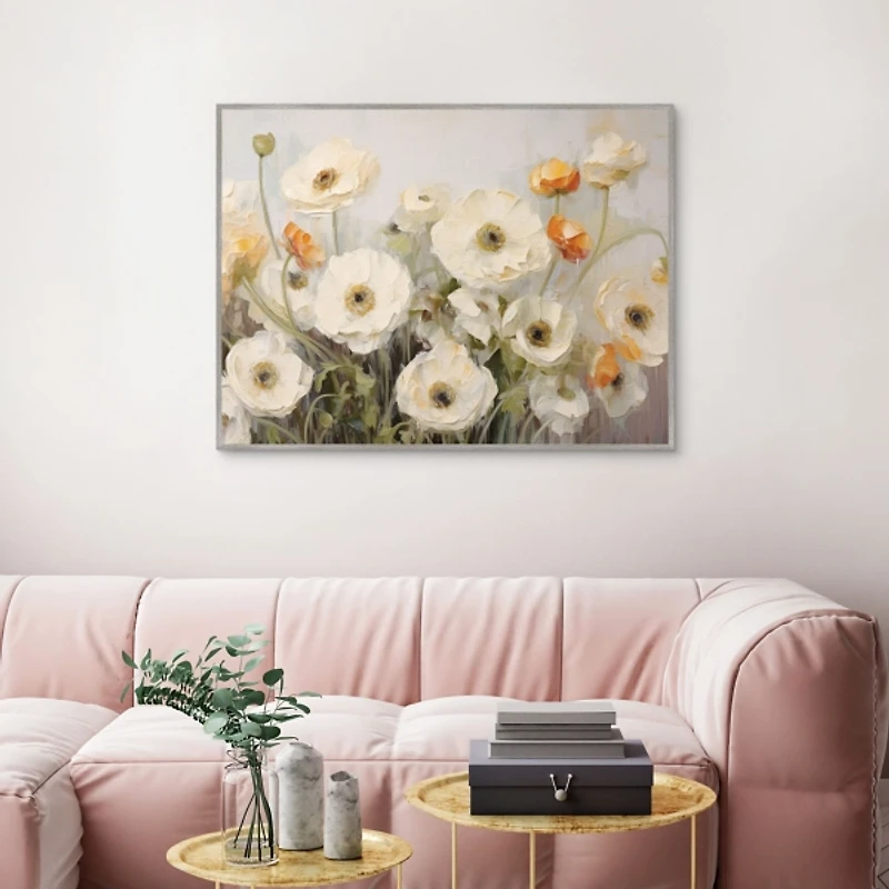 White Ranunculus Flowers Framed Canvas Art Print