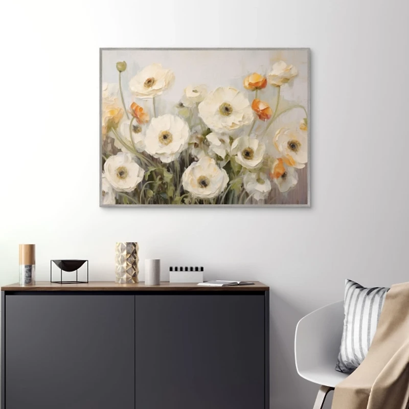 White Ranunculus Flowers Framed Canvas Art Print