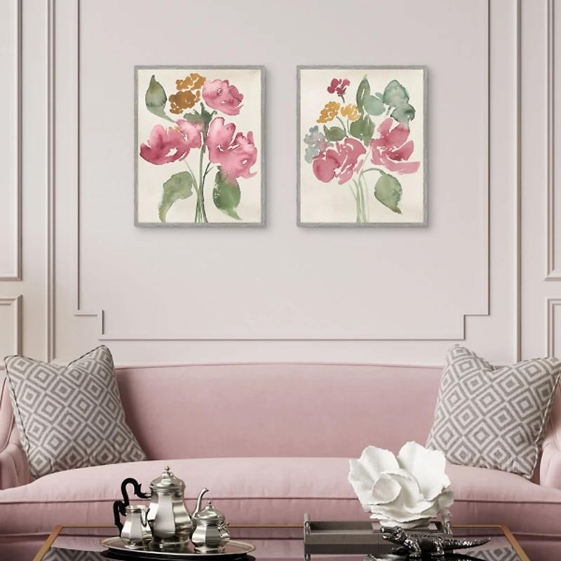 Pink Bouquets Framed Art Prints, Set of 2