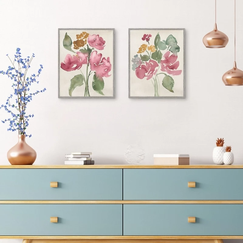 Pink Bouquets Framed Art Prints, Set of 2