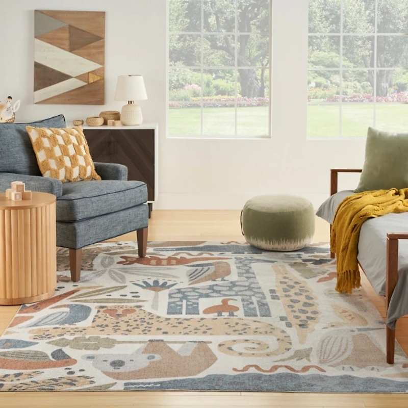 Ivory Safari Animals Kids Washable Area Rug, 8x10