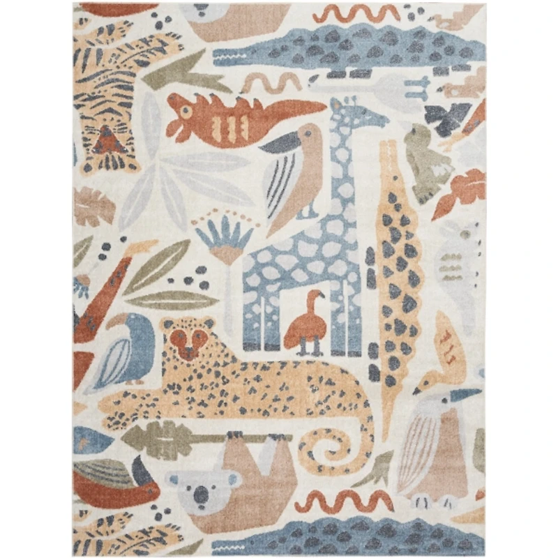 Ivory Safari Animals Kids Washable Area Rug, 8x10