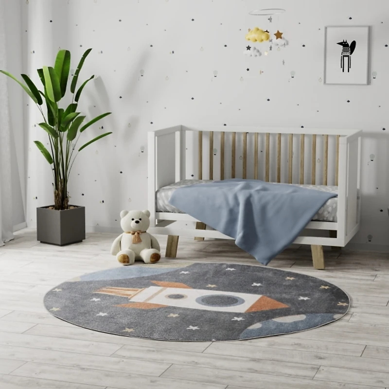 Gray Rocketship Kids Round Washable Area Rug, 4x4