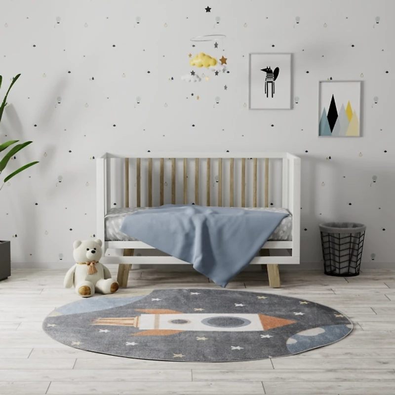 Gray Rocketship Kids Round Washable Area Rug, 4x4