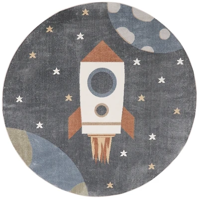 Gray Rocketship Kids Round Washable Area Rug, 4x4