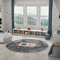 Gray Rocketship Kids Round Washable Area Rug