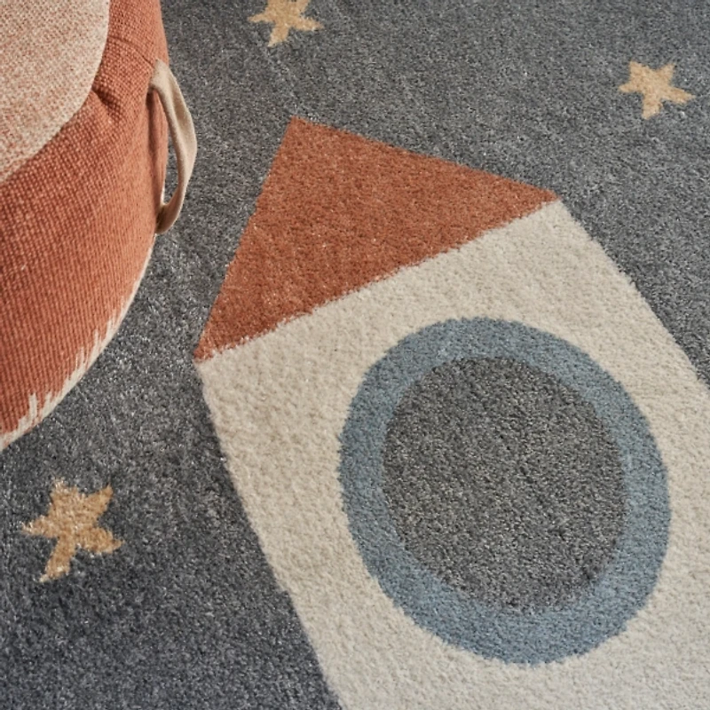 Gray Rocketship Kids Round Washable Area Rug