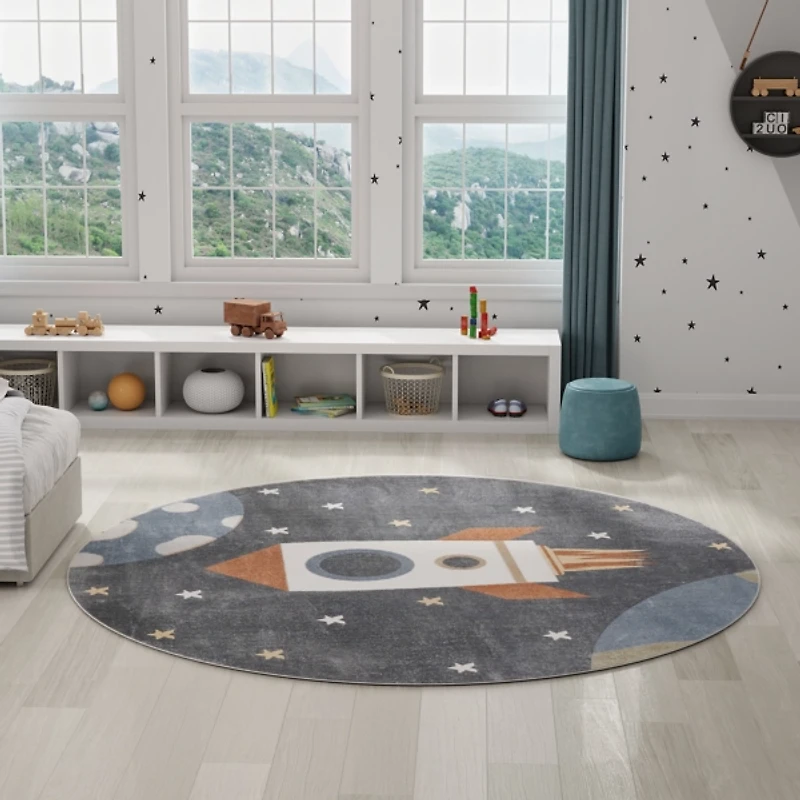 Gray Rocketship Kids Round Washable Area Rug