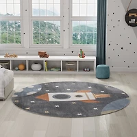 Gray Rocketship Kids Round Washable Area Rug