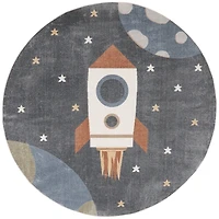 Gray Rocketship Kids Round Washable Area Rug