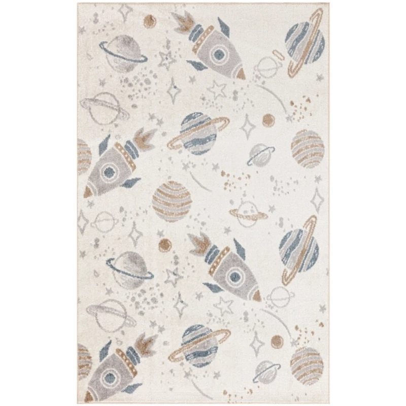 Ivory Rocketship Kids Round Washable Area Rug, 4x5