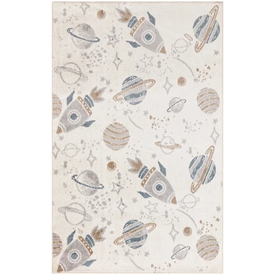Ivory Rocketship Kids Round Washable Area Rug, 4x5