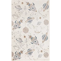 Ivory Rocketship Kids Round Washable Area Rug, 4x5